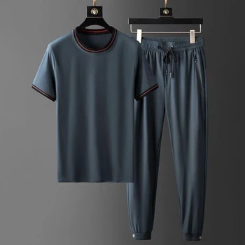 

New luxury high-end summer men's suit two-piece suit thin draped stretch fabric webbing short sleeve sports suit men