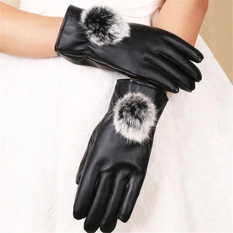 VISNXGI Искусственные кожаные перчатки женские модные черные перчатки из искусственной кожи осенне-зимние толстые женские водонепроницаемые перчатки с искусственным кроличьим мехом - Цвет: Round mouth black