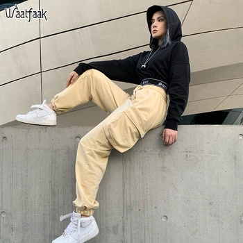 

Waatfaak High Wasit Long Baggy Pants Women Streetwear Cargo Trousers Pocket Casual Harajuku Loose Harem Pants Hip Hop Autumn