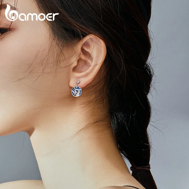 Preise Bamoer Luxus Klar CZ Design Starry Sky Blue Emaille Runde Baumeln Ohrringe für Frauen 925 Sterling Silber Kunst Bijoux SCE780