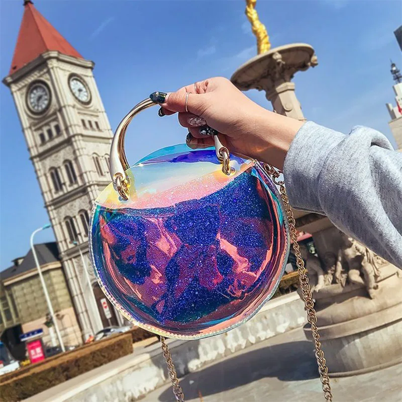 Маленькая женская сумка Новая модная прозрачная лазерная сумка цветная круглая цепочка на одно плечо сумка-мессенджер вечерняя сумка