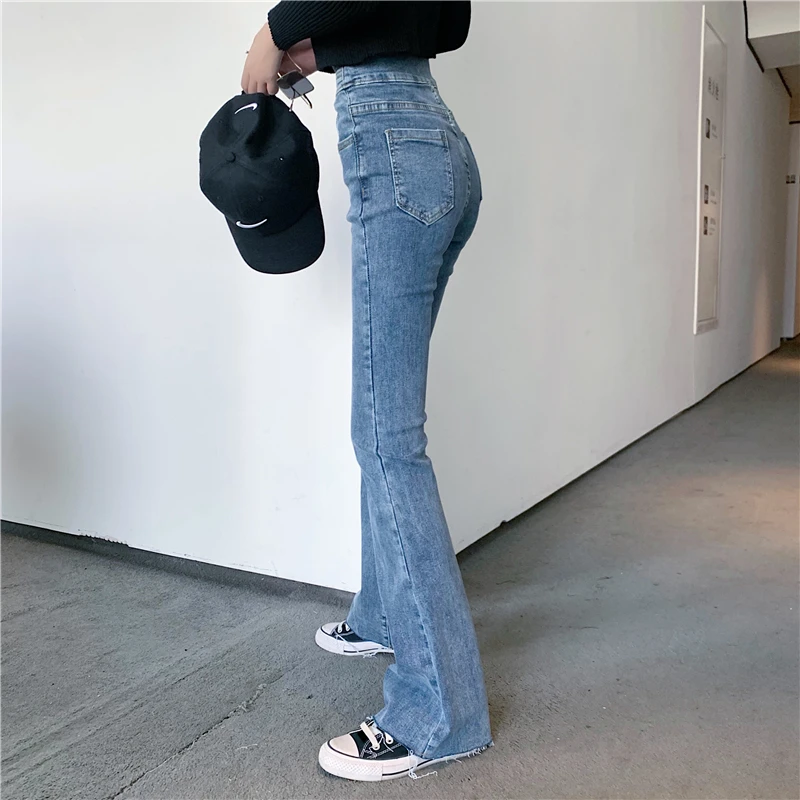 Женские узкие расклешенные джинсы с высокой талией стрейч деним женский колокольчик обтягивающие брюки и длинные джинсовые брюки - Цвет: Синий