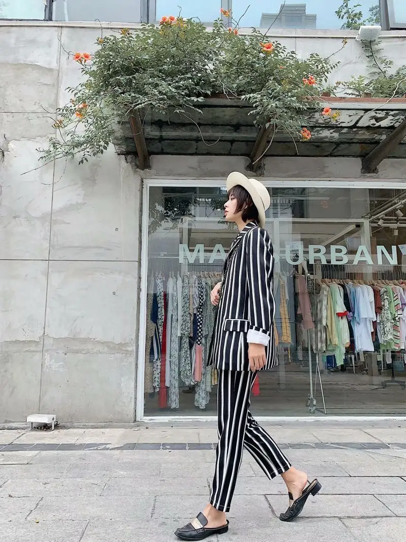Summer Fashion Sexy Suit Collar Long Sleeve One-Button Stripes Straight-Cut Middle Long Coat Women's