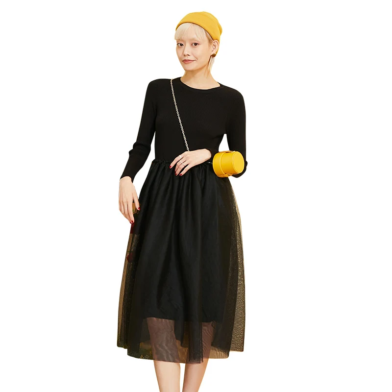 Samstree черное однотонное контрастное Сетчатое минималистичное вязаное платье для женщин осень абрикосовое элегантное офисное платье с длинным рукавом для девушек