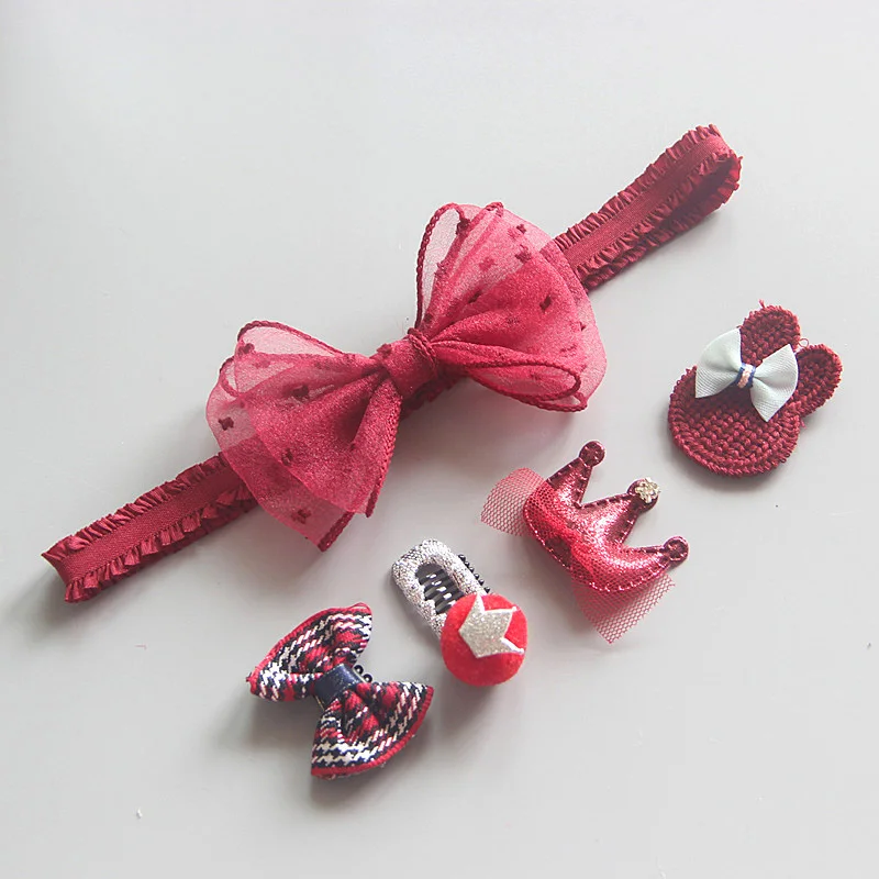 red bow 5 шт./компл. головная повязка для девочек заколки для волос кружевные банты девичий аксессуар для волос заколки для волос Корона Заколки для волос для новорожденных повязка на голову для малышей заколки для волос - Цвет: red bow