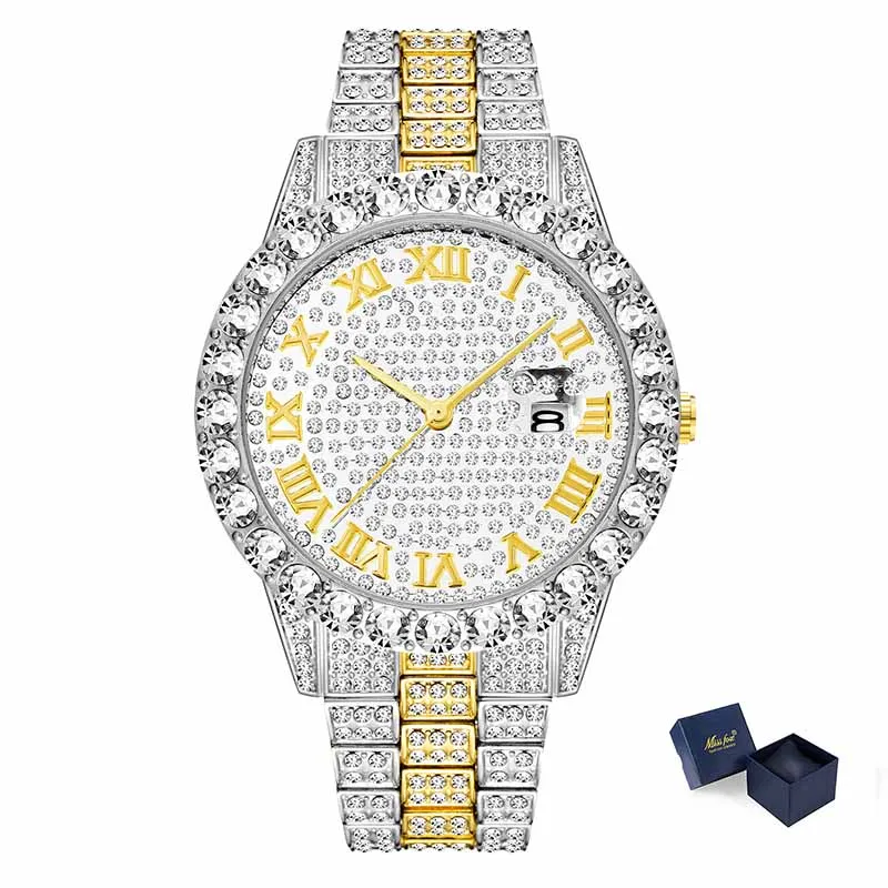 MISSFOX дропшиппинг часы мужские розовое золото с большим бриллиантом календарь Мужские часы лучший бренд класса люкс водонепроницаемые Iced Out часы горячая - Цвет: 2643-4