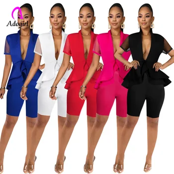 

White Blazer 2 Piece Set Women Work Wear Single Button Front Ruffle Blazer + Shorts Preppy Set Women Summer Office Lady Outfits