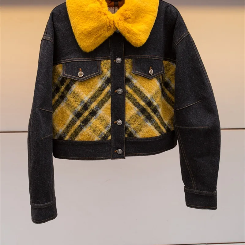 

Women's Plaid Denim Jacket Turn-down Collar Single Breasted Loose Patchwork Lady Short Coat