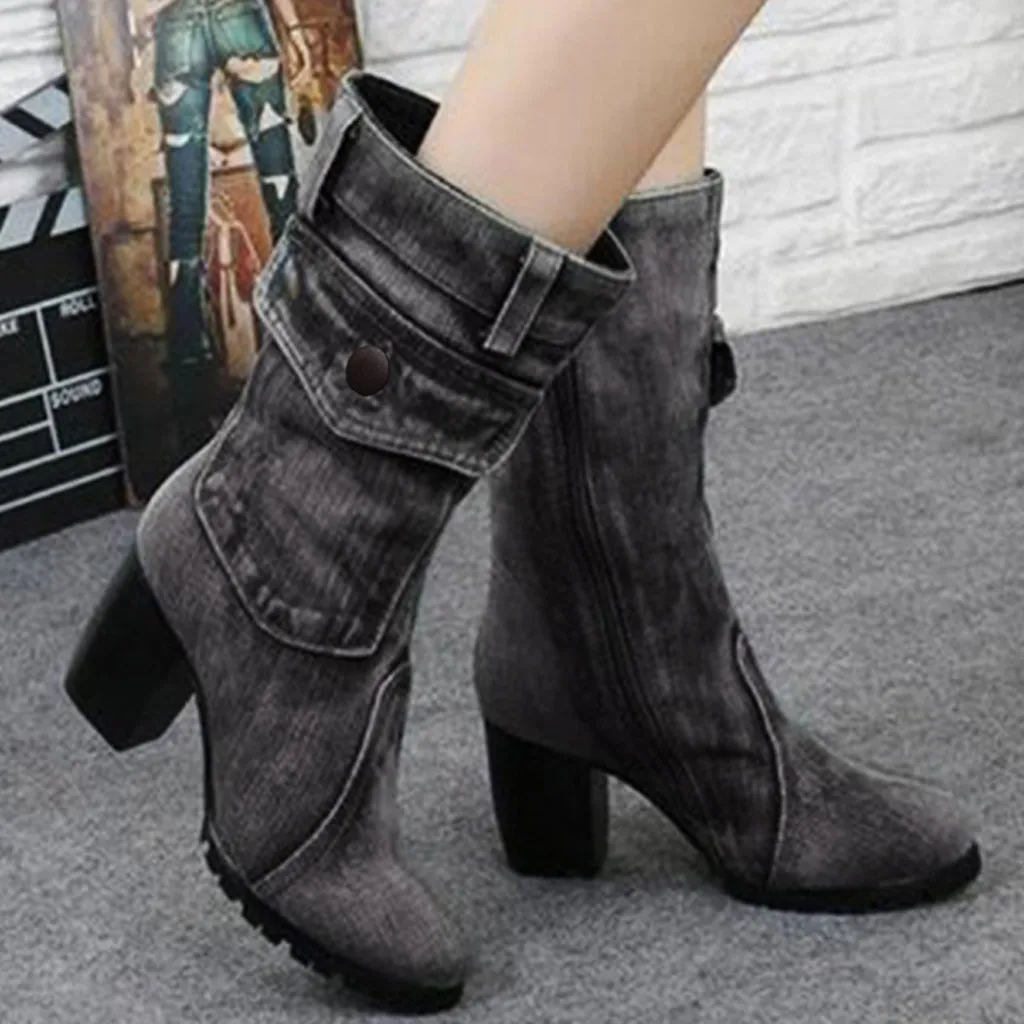 Женские ботинки из джинсовой ткани; однотонные ботинки в римском стиле на среднем массивном каблуке без застежки; большие размеры; женская обувь;#45