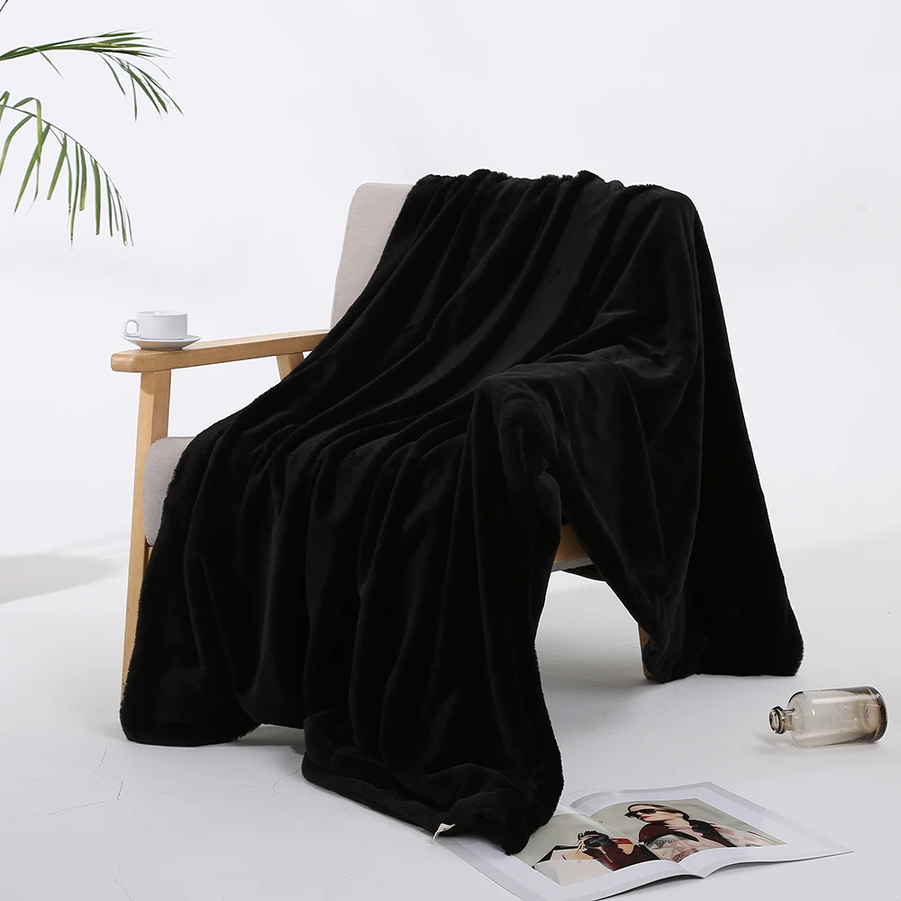 1 шт., однотонное искусственное одеяло из меха кролика, супер мягкое зимнее постельное белье, пушистое Фланелевое Норковое плюшевое одеяло для дивана, спальни - Цвет: Черный