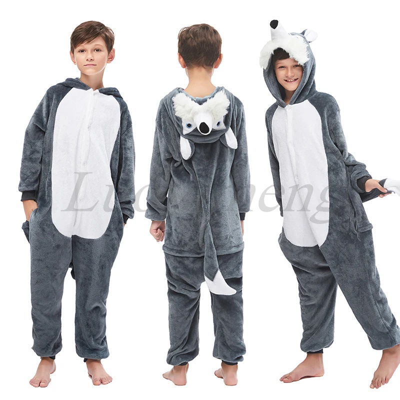 Boys Girls Kids Wolf Onesie Fleece Pyjamas Christmas Fancy Dress Age 2 3 4 6 7 8 