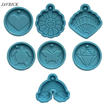 

7 Shape Round Keychain Silicone Molds Diamond Flower Tortoise Pendant Resin Mold