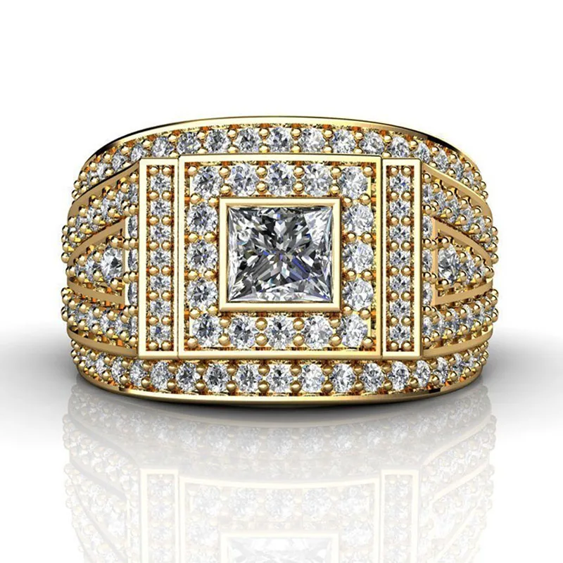 Classic Shiny Cubic Zircon Ring for Men Gold Plated Color Inlaid Sparkling Crystal Rhinestone Male Single Party Jewelry | Украшения и