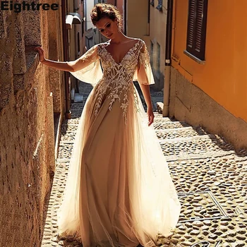 

Eightree Champagne Beach A Line Wedding Dresses Lace Appliques Half Sleeve Bridal Gowns Tulle vestido de novia Plus Size
