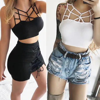 

2020 Women Summer Sleeveless Crop Top Sexy Bandage Hollow out Bodycon Tank Top Solid Vest lady streetwear slim fit Cami Top #C1