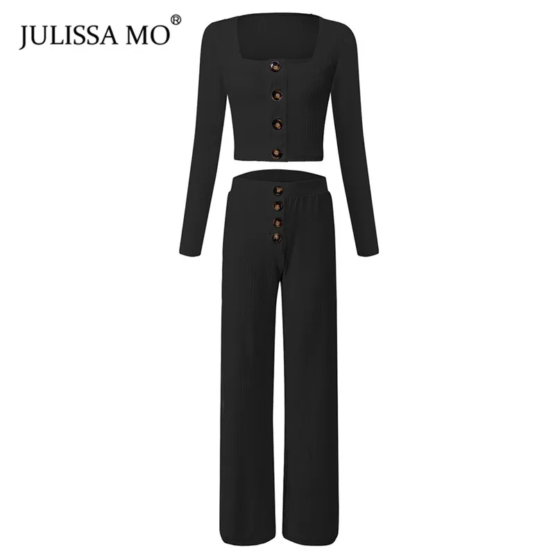 Julissa mo осенний вязаный комплект из двух предметов комбинезон женский без бретелек с длинным рукавом топ Высокая талия широкие штаны повседневные свободные наряды