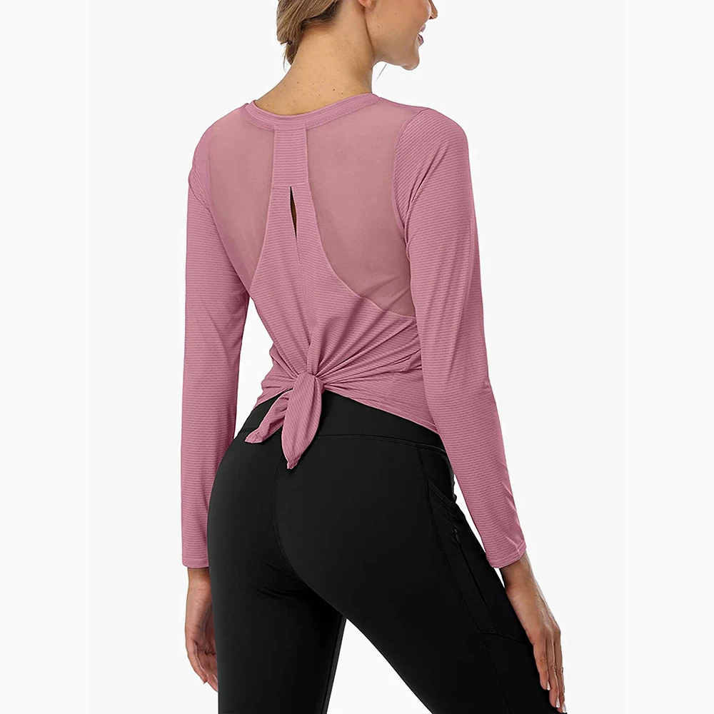 Attraco Long Sleeve Workout Shirts for Women Tie Back Breathable Mesh Yoga Tops