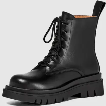 

Female Boots Genuine Leather Shoelaces Chunky Heels Leisure Black White Winter Shoes Women Motorcycles Boots