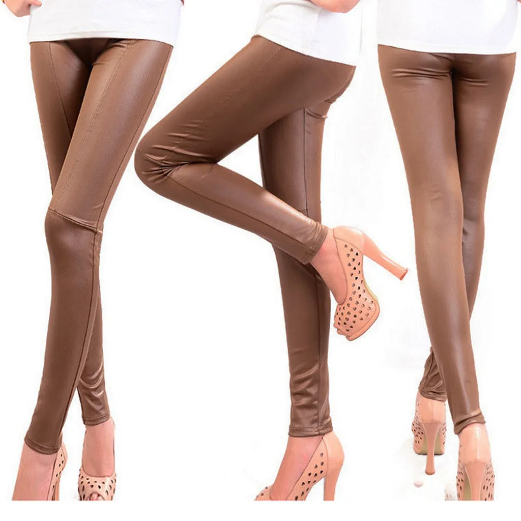 Женские длинные штаны из искусственной кожи, обтягивающие леггинсы из искусственного материала, повседневные штаны, Тонкие штаны, Осенние штаны, B05