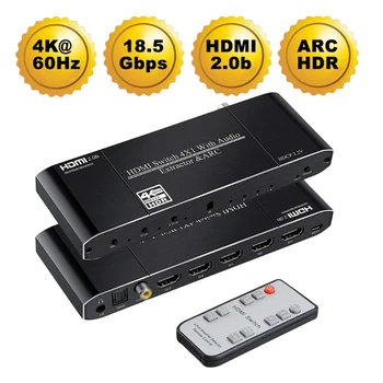 

Black HDMI 2.0 Audio Splitter HD 4 in 1 out with 3.5mm Audio Separation HDMI switcher 4×1 4K@60Hz Switcher