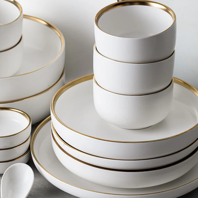 

White Nordic European Tableware Set 2 / 4 Person Dinner Plate Set Household Ceramic Dishes Rice Bowl