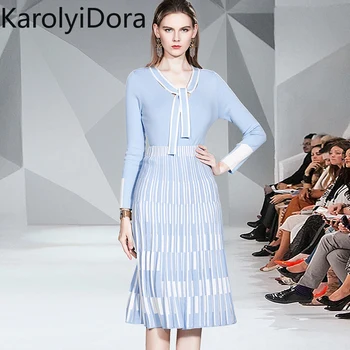 

2020 Spring Women Striped Knitted Skirt Set Bow tie Collar Pullover Top + Pleated Midi Skirt Suit Slim Sweater Clothing Suit