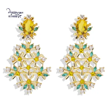 

Dvacaman 2020 Spring Summer Yellow Crystal Drop Earrings Gold Color Metal Flower Statement Earrings Women Holiday Jewelry Gifts