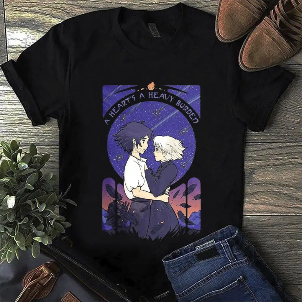 Howl движущийся замок сердце тяжелая нагрузка футболка черный хлопок для мужчин S