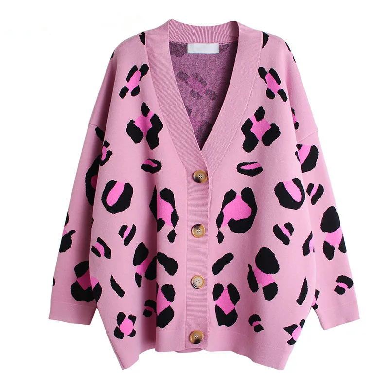 

Spring and autumn Korean loose fashion leopard single breasted knitted cardigan women's net red sweater coat sweater