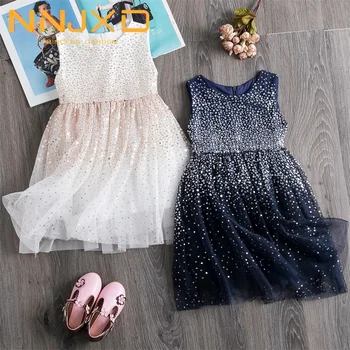 

3-8Y Summer Beige Sleeveless Girls Dress Sequins Gradient Kids Princess Party Dress Tulle Ceremony Prom Gown Children Clothes