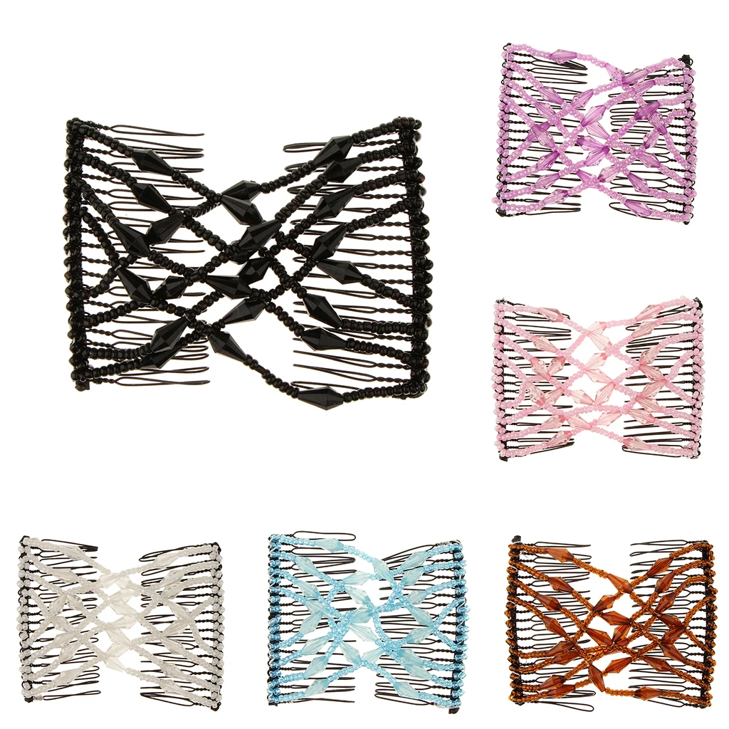 Elegant Women Bow Double Hair Comb Elastic Magic Acrylic Beads Clip Hairstyle Accessory