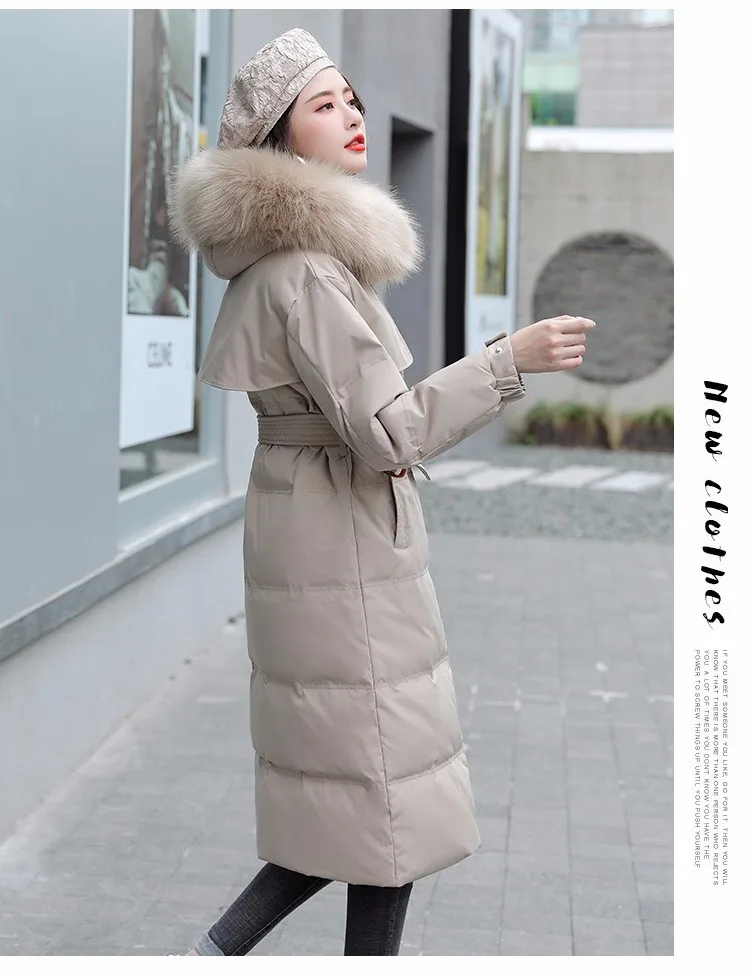 parka coat Yzeqi 2021 Women Long Winter Jacket Big Fur Belt Hooded Thick Down Parkas Female Fashion Cotton-padde Jackets Coat Warm Outwear long puffer coat