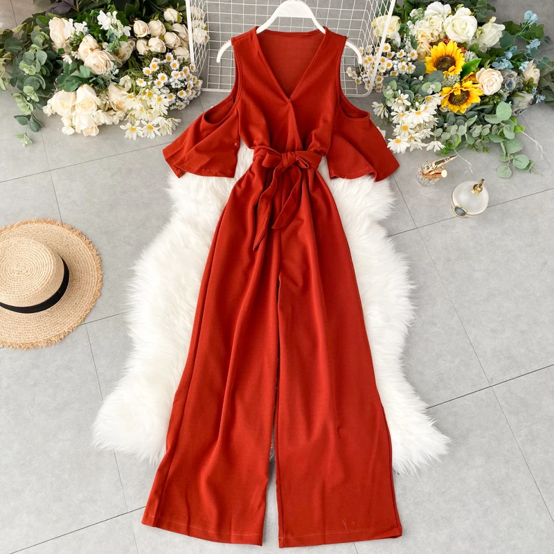 TAOVK Jumpsuit Female Strapless Ruffled Short Sleeve Strap High Waist Slimming Wide Leg Jumpsuit TAOVK Jumpsuit Female Strapless Ruffled Short Sleeve Strap High Waist Slimming Wide Leg Jumpsuit