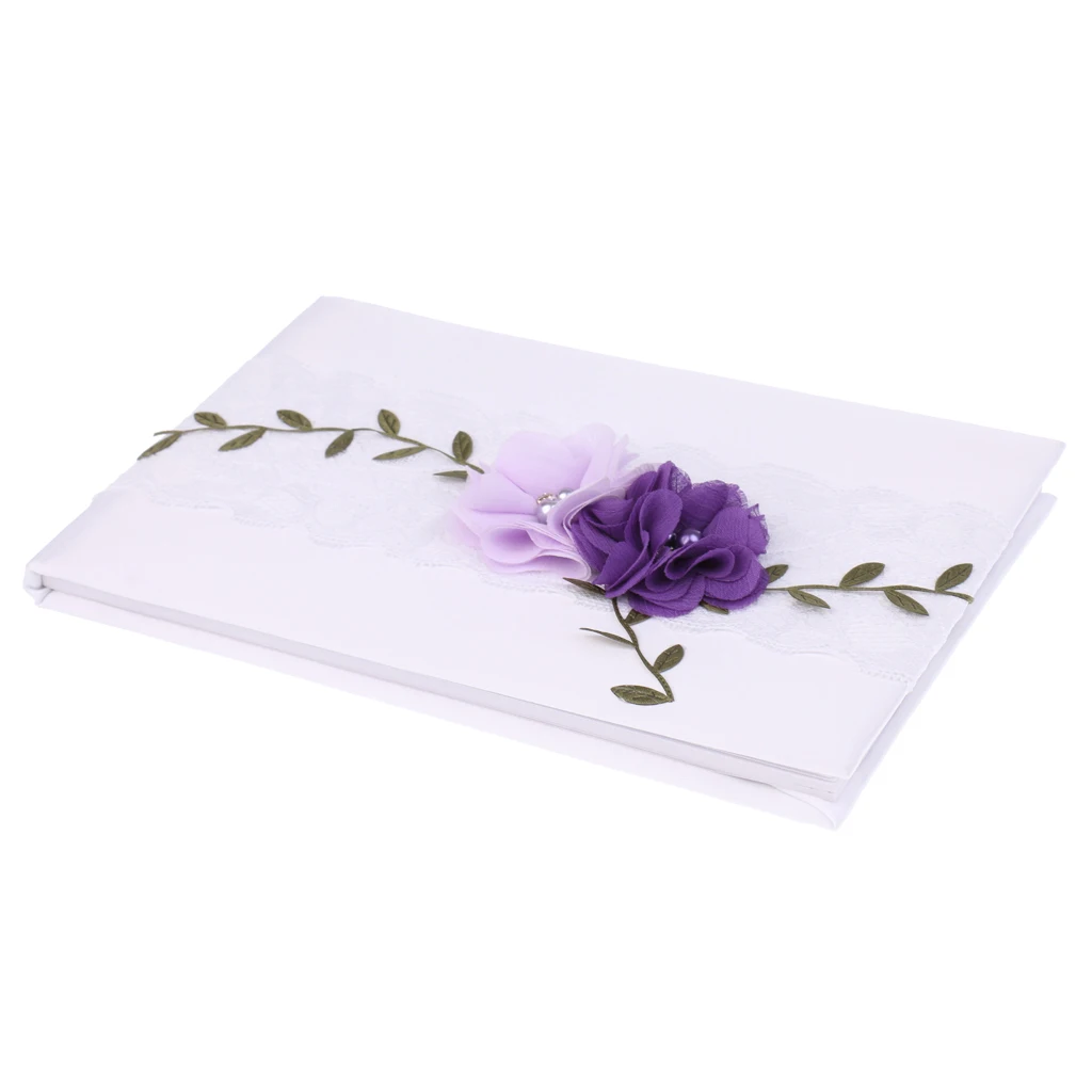 White Satin Purple Floral Wedding Guest Book Signature Book Supplies