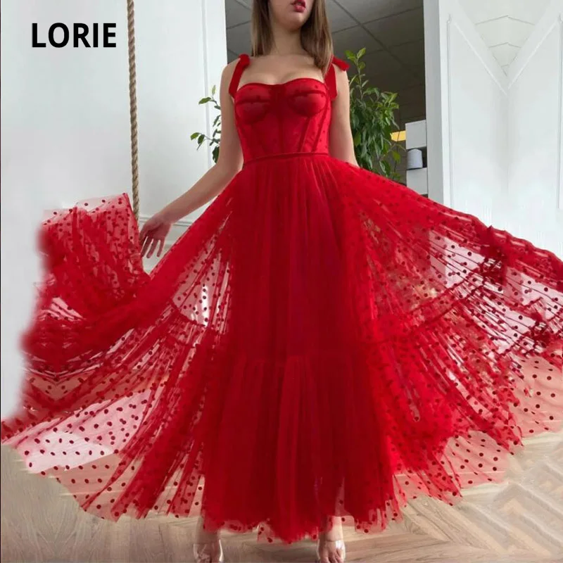 LORIE Red Prom Dresses 2021 A-Line Dot Tulle Tea Length Party Gown Christmas Robes de cocktail Dress for Teens Free Shipping