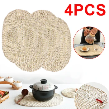 

4PCS Corn Straw Woven Place Mats Round Rattan Braided Dining Table Natural Handmade Insulation Pad