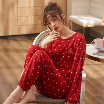 

Pajamas for Ladies Spring Autumn Cotton Long-sleeved Large Size Big Red Wedding Bride Nightwear Love Printing Trousers Suit