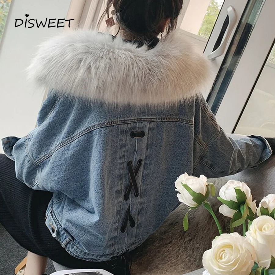 

DISWEET Winter Cold Warm Denim Jacket Female Fur Trimming Turban Cotton Lining Casual Jacket Female Korean Version XL Loose Coat