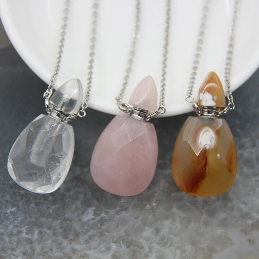 

Natural Stones Faceted White Quartz Agates Perfume Bottle Pendant,Rose Crystals Essential Oil Diffuser Vial Necklace DIY Jewelry