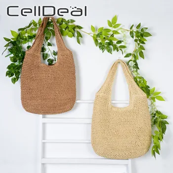 

Summer Straw Bags Women Shopping Bag Handmade Woven Female Rattan Beach Handbags Fashion 2 Colors Solid Bag Casual Tote