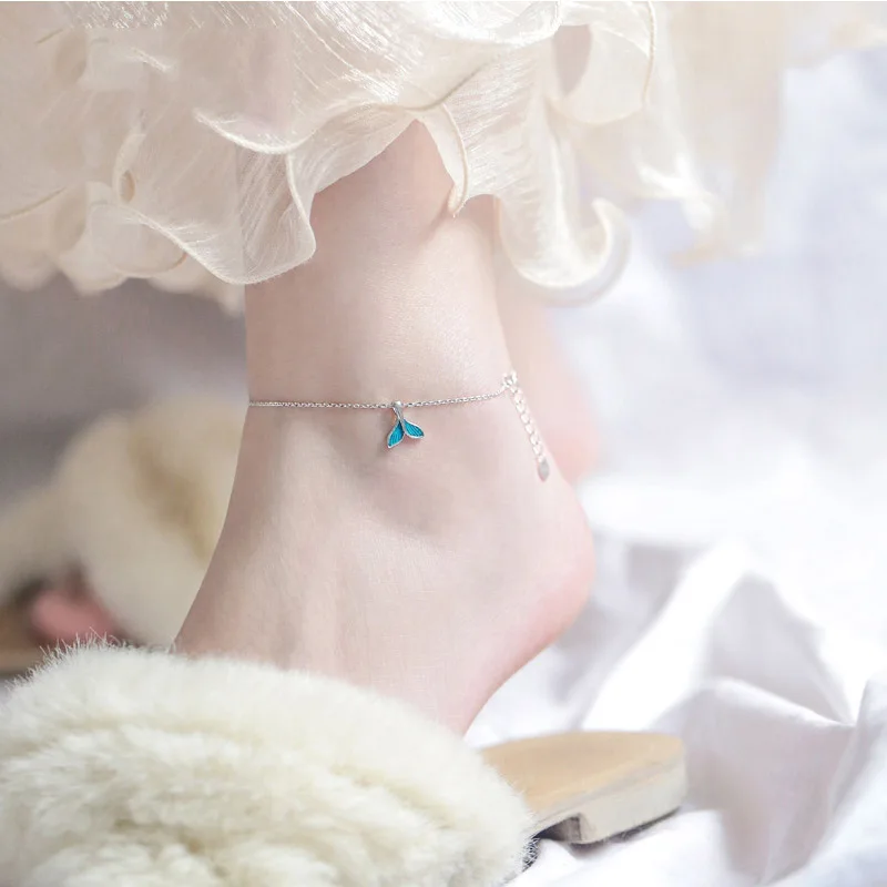 

Fashion 925 Sterling Silver Fine Women's Jewelry Blue Fish Tail Anklet Bracelet Mermaid Ankle Chain Woman Best Gift Birthday