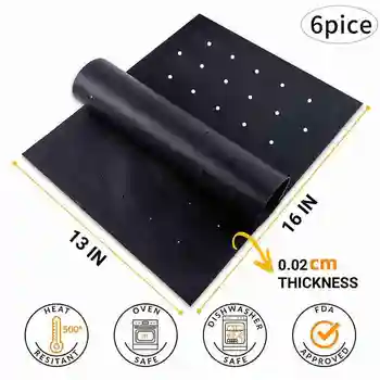 

6Pcs BBQ Grill Mat Non Stick-Heavy Duty Reusable and Dishwasher Safe Black Mesh Fireproof Teflon Topper Pads with Holes