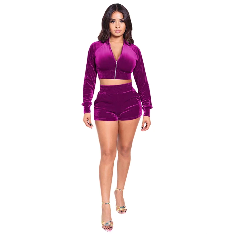 

2020 Autumn New Suit European and American Women's Velvet Collar Zipper Cardigan Long-Sleeved Upper Garment Shorts Two-Piece Set