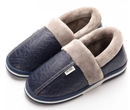 Navy blue Новая зимняя водонепроницаемая Мужская обувь Плюшевые мужские тапочки теплые меховые домашние тапочки с хлопковой подкладкой домашняя обувь на плоской подошве Большие размеры 35-50 - Цвет: Navy blue