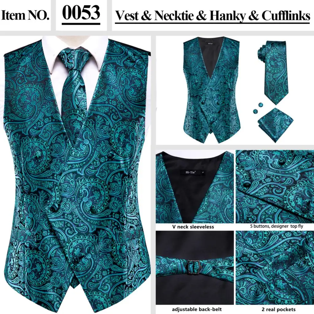 Hi-Tie Silk Mens Suit Vests 4PC Jacquard Waistcoat Tie Hankerchief Cufflinks Set Paisley Floral Blue Navy Pink Red Green Gold men blazer