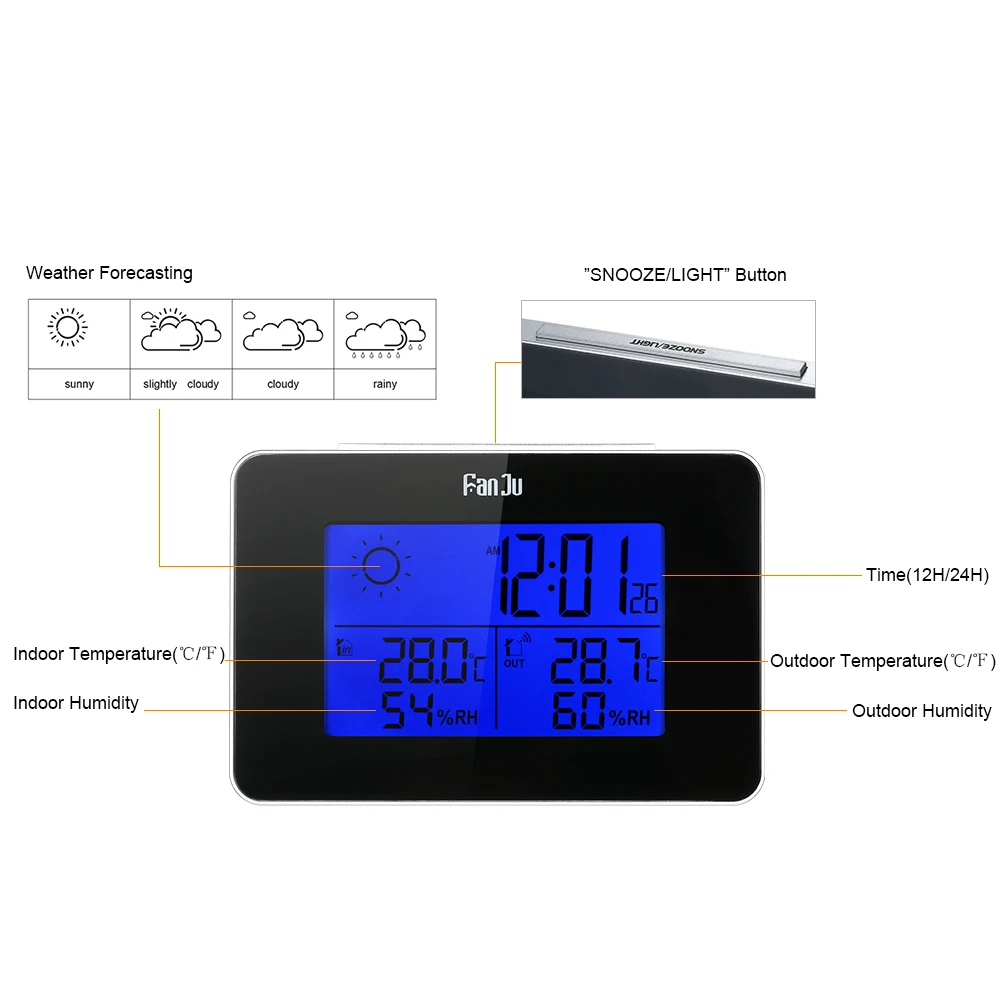 

Hot Wireless Digital Backlight LCD Weather Station Alarm Clock Indoor/Outdoor Thermometer Hygrometer Clock with Snooze Function