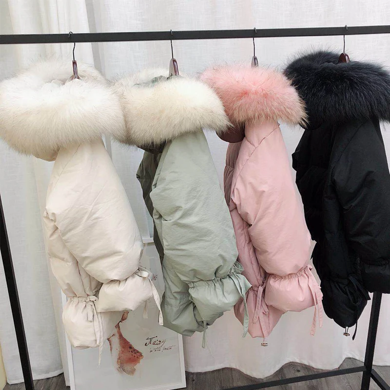 FTLZZ женские зимние парки на утином пуху большой натуральный мех енота пальто средний длинный тонкий куртки с капюшоном теплая розовая верхняя одежда