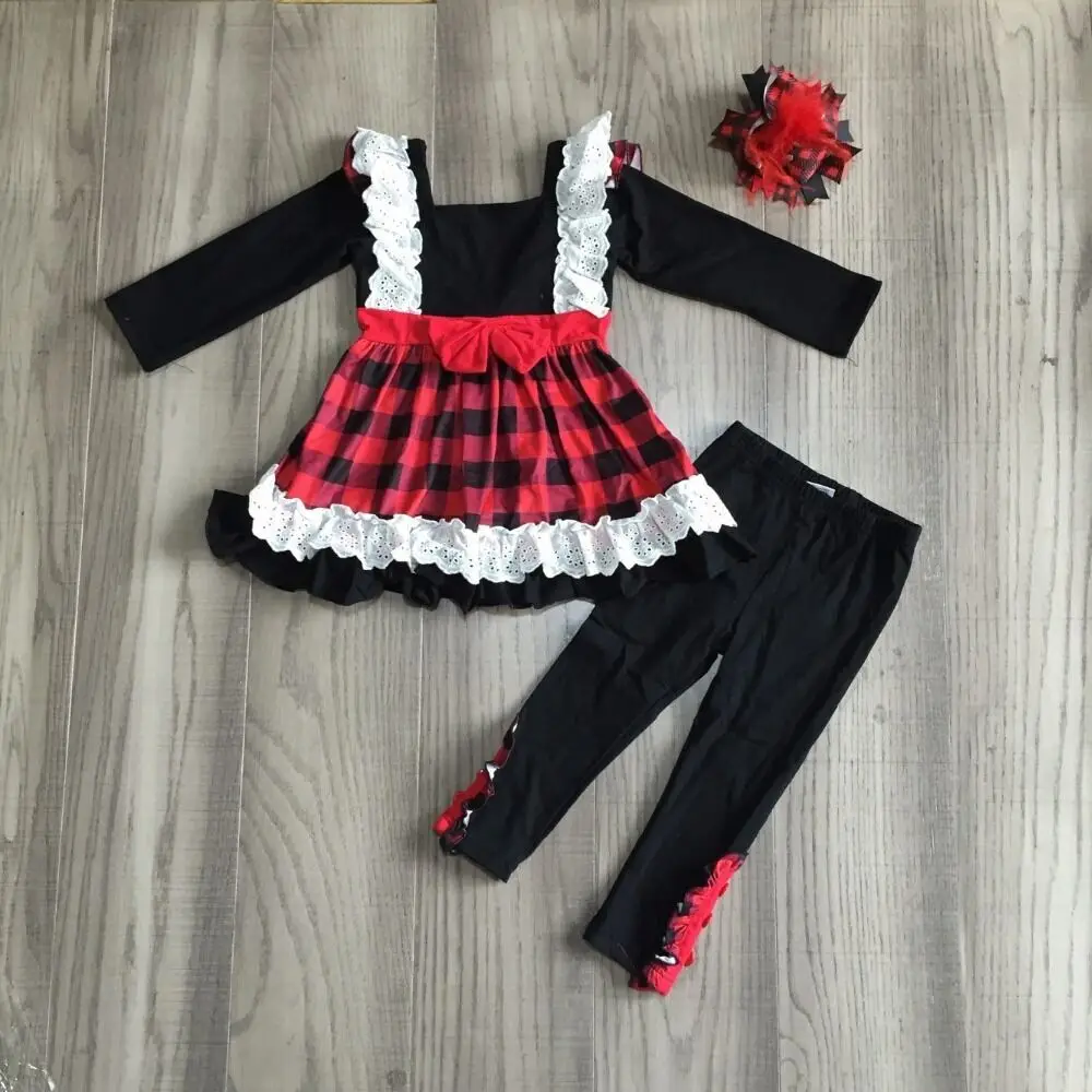 Girlymax/осенняя одежда для маленьких девочек Кружевное платье в клетку Черные штаны