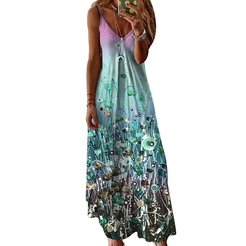 European American Print Halter Dress Sexy Ladies High Waist Loose Dress Bohemian Fashion Casual Dress 2021 Summer New  Vestidos