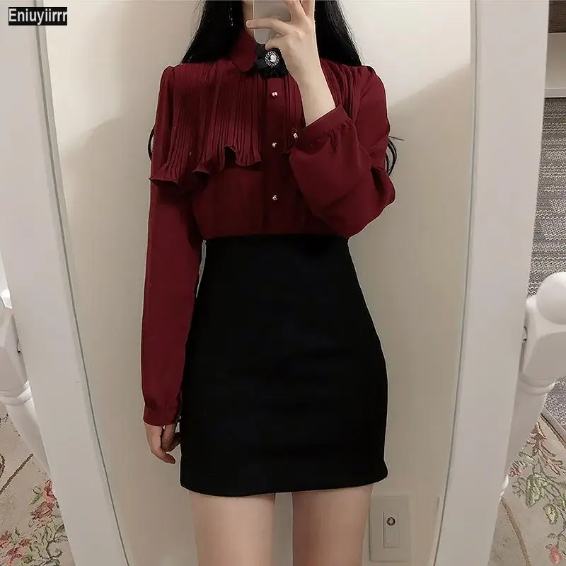 2021 New Year Cute Girls Womens Solid Color Office Lady Ruffled Blouses Formal Button Red White Shirt Ribbon Bow Tie Tops 4